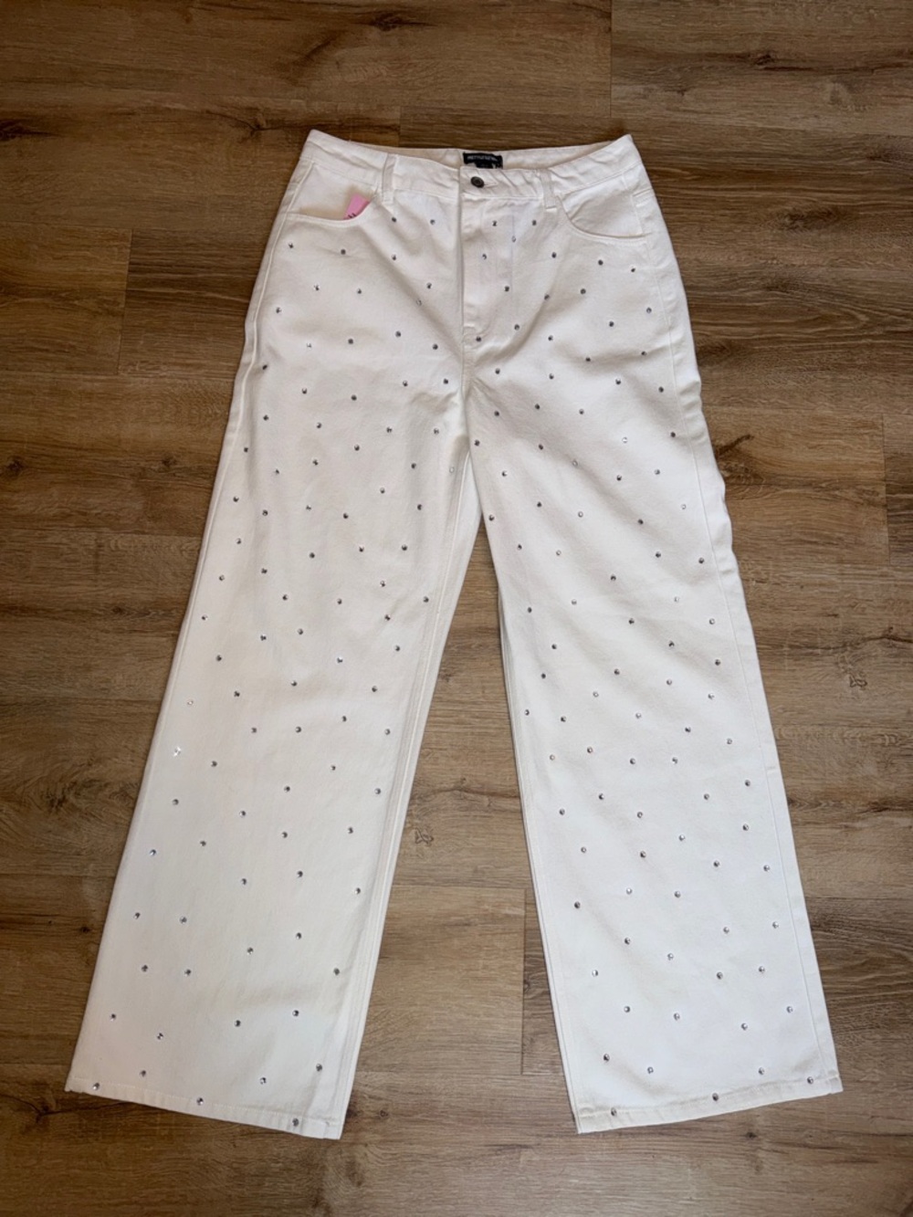 NWT PrettyLittleThing White High Waist Hotfix Straight Leg Denim Jeans - Picture 6 of 8